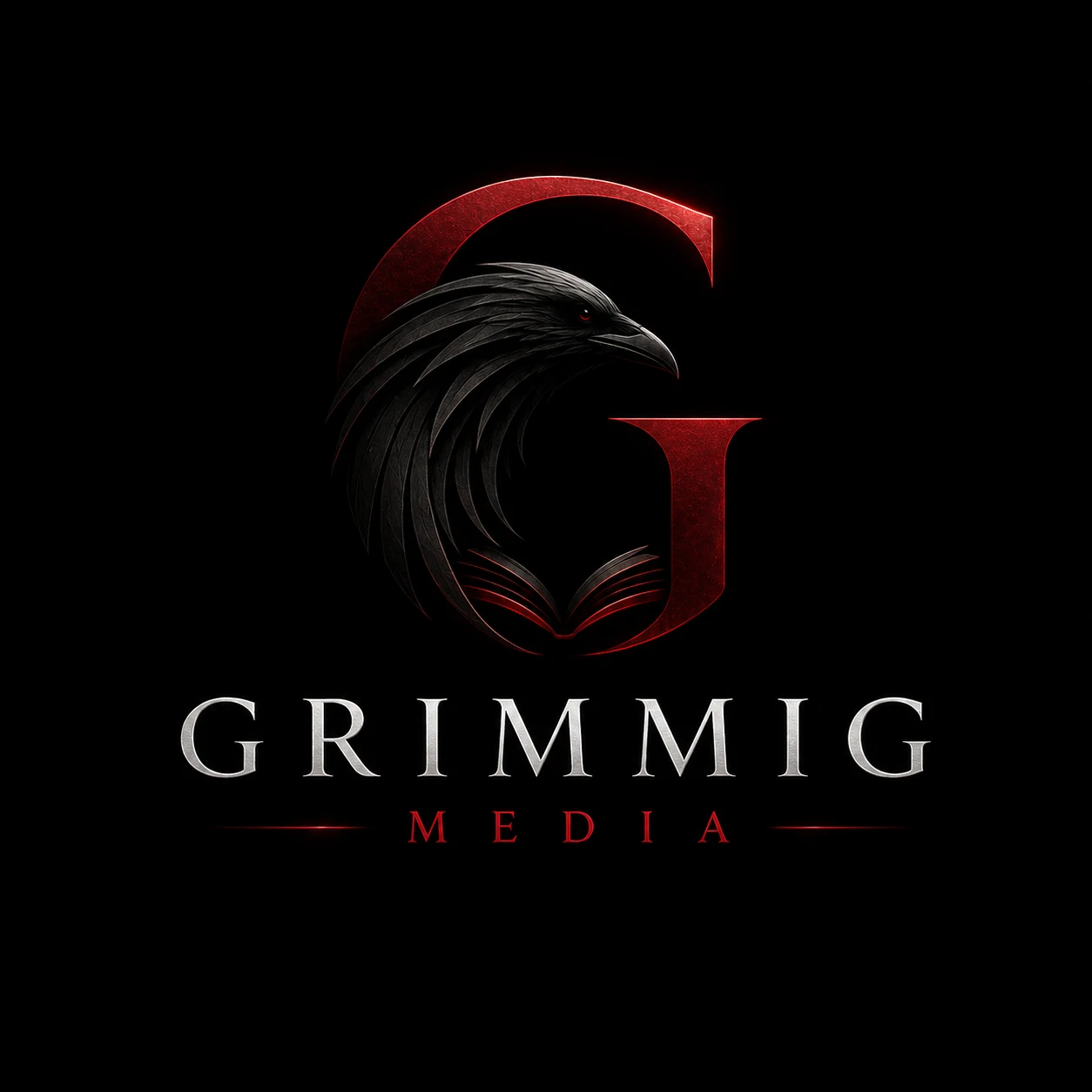 Grimmig Media — Rabe, der aus einem G wächst, darüber ein aufgeschlagenes Buch; Wortmarke GRIMMIG MEDIA
